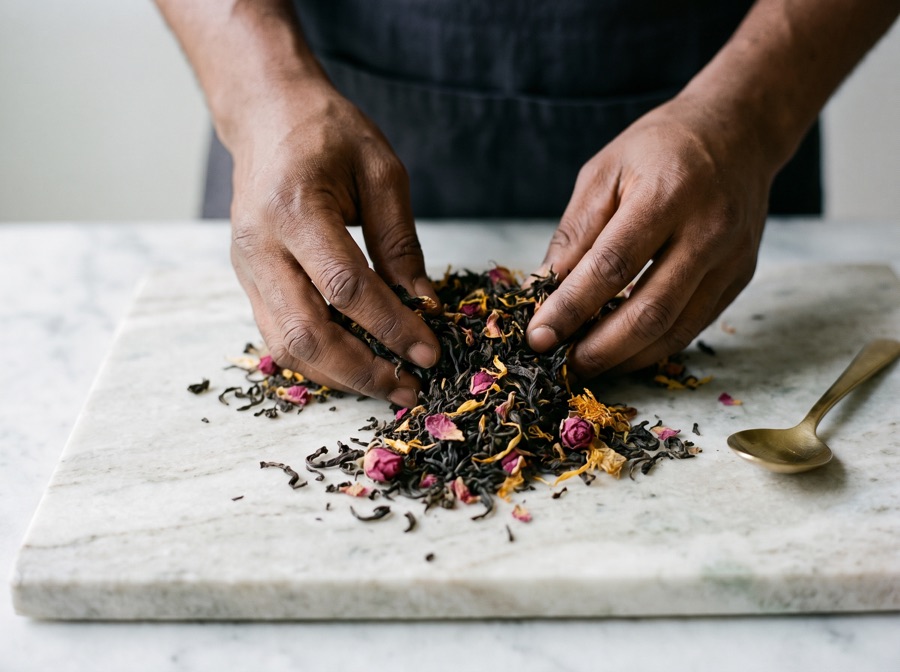 Hands blending dark tea leaves with dried petals on marble