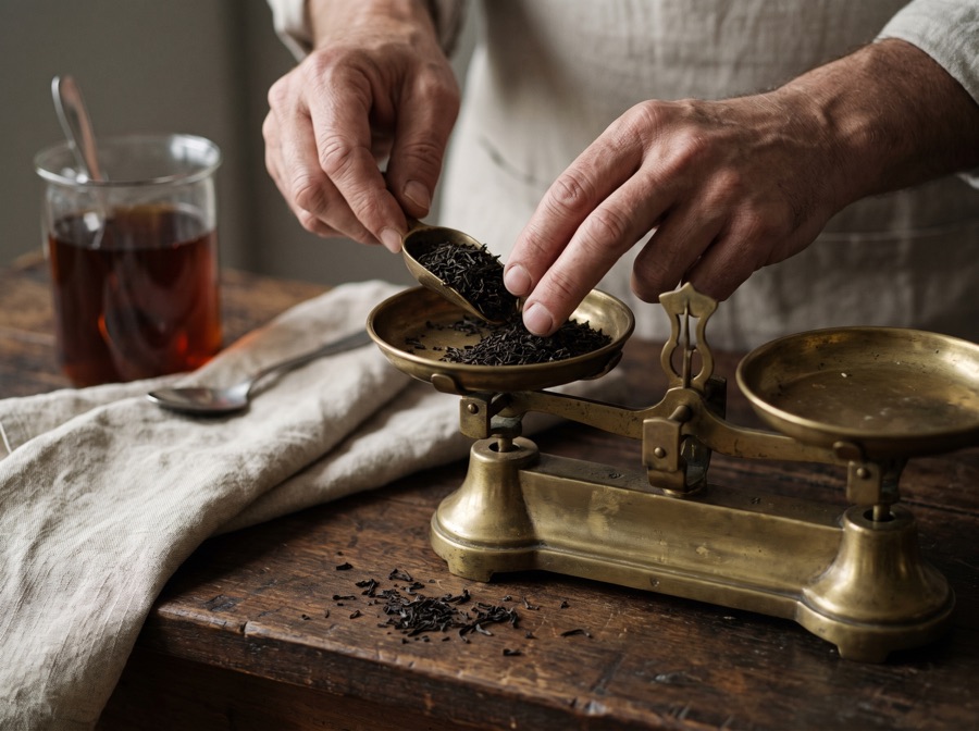 Hands weighing loose tea on an antique brass balance scale