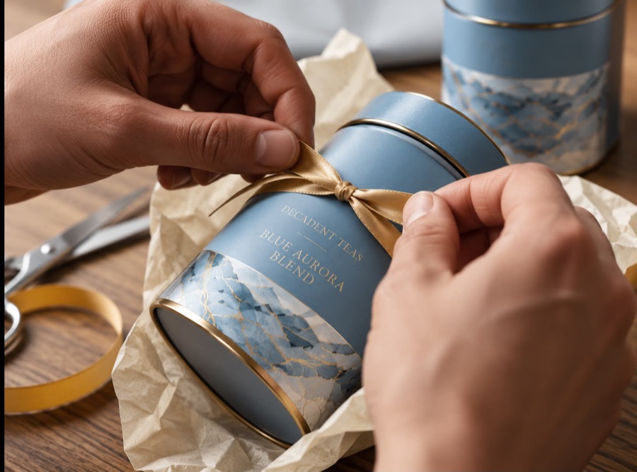 Hands tying a gold ribbon around a Blue Aurora Blend caddy