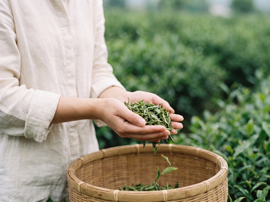 Hands holding freshly picked tea leaves above a woven basket