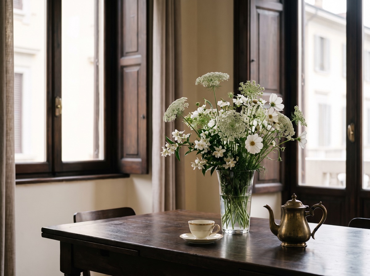 A Milanese interior with flowers and a tea service