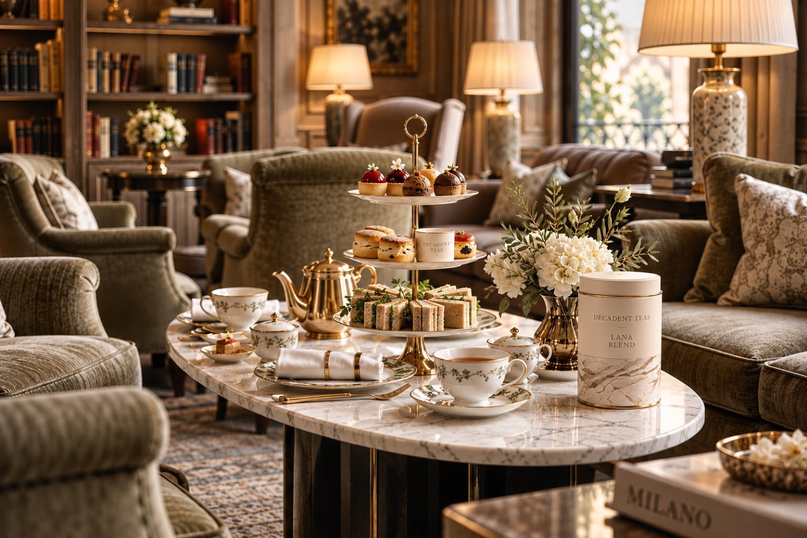 Afternoon tea laid out in a hotel drawing room, with a Lana Blend caddy on the table