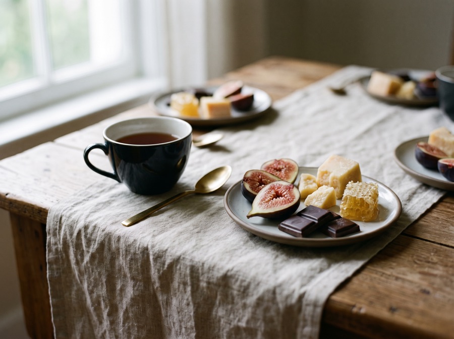 Tea served alongside small plates