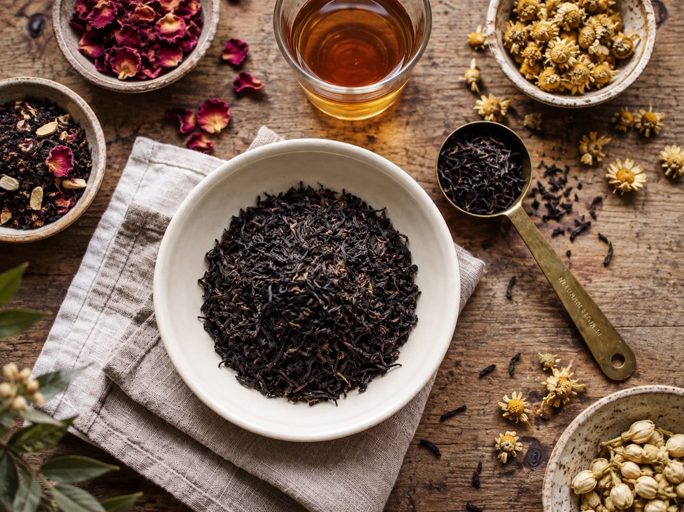 Loose black tea in a porcelain bowl with a brass scoop, dried rose and chamomile