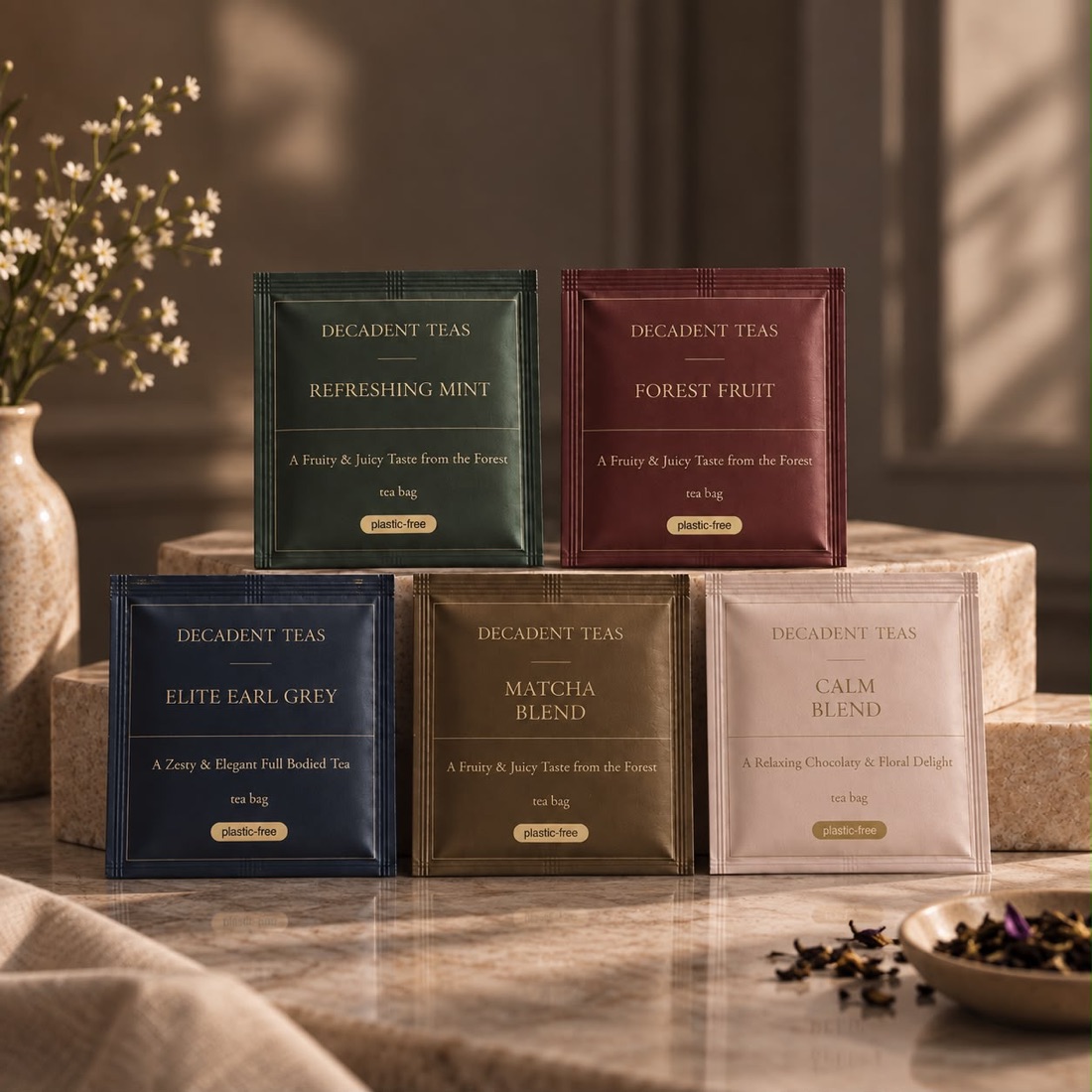 Decadent Teas sachets: Refreshing Mint, Forest Fruit, Elite Earl Grey, Matcha Blend and Calm Blend