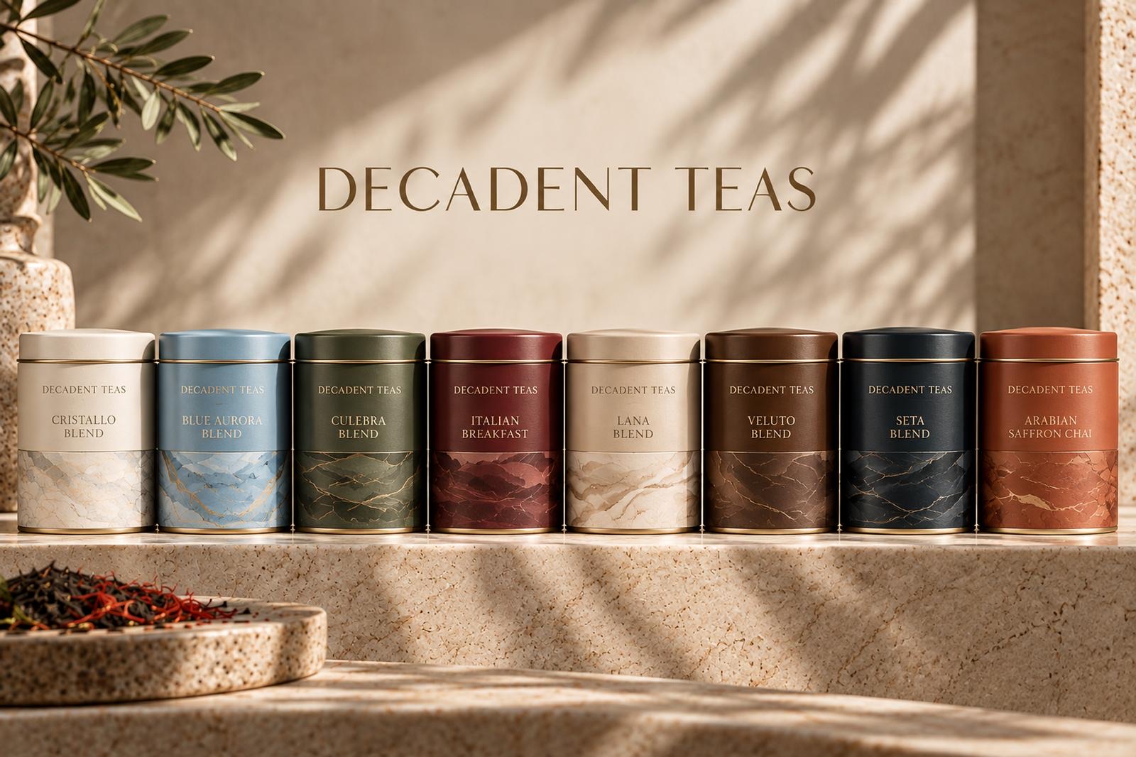 Eight Decadent Teas caddies in a row: Cristallo, Blue Aurora, Culebra, Italian Breakfast, Lana, Veluto, Seta and Arabian Saffron Chai